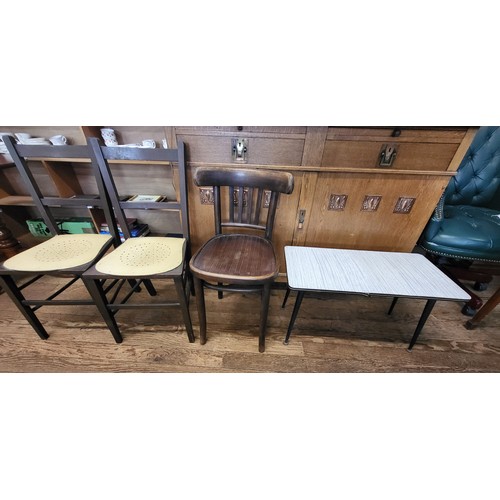 66 - A pair of occasional chairs (original seat under one board), another chair and a mid-century coffee/... 