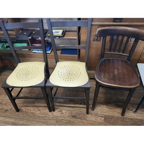 66 - A pair of occasional chairs (original seat under one board), another chair and a mid-century coffee/... 