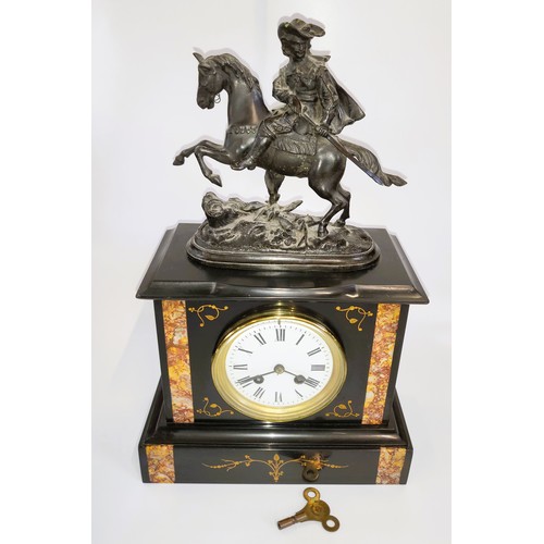 73 - A Welsh slate mantle clock with a Cavalier on horseback, a banjo barometer and an aneroid barometer