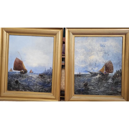 82 - A pair of seascapes, oil paintings indistinctly signed, framed. 66cm x 56cm.