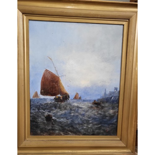 82 - A pair of seascapes, oil paintings indistinctly signed, framed. 66cm x 56cm.