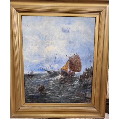 82 - A pair of seascapes, oil paintings indistinctly signed, framed. 66cm x 56cm.