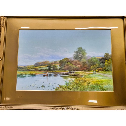 84 - A pair of  watercolour river scenes signed by George Oyston. framed and glazed. 51cm x 70cm