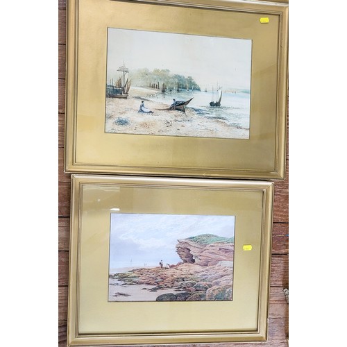 85 - Two beach scenes, one of hikers on beach signed by Robert Dobson, 1892, the other a couple sitting o... 