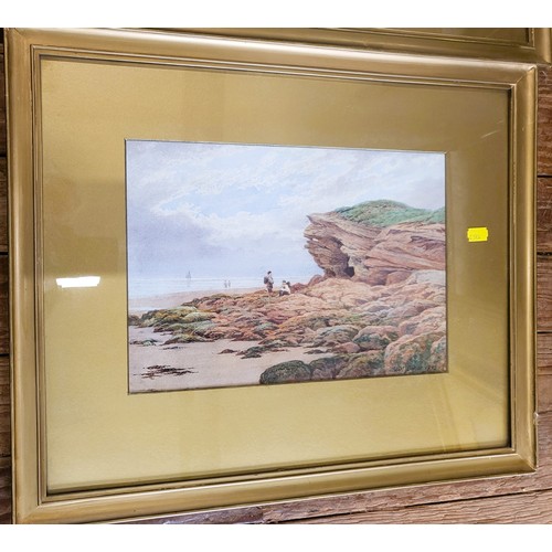 85 - Two beach scenes, one of hikers on beach signed by Robert Dobson, 1892, the other a couple sitting o... 