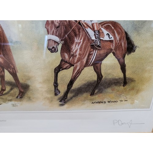 86 - Four signed limited edition Peter Deighan prints of Lestor Piggott winning rides in stripes. Mounted... 