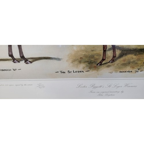 86 - Four signed limited edition Peter Deighan prints of Lestor Piggott winning rides in stripes. Mounted... 