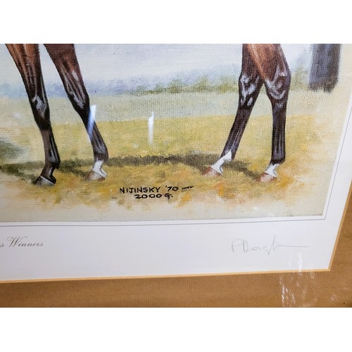 86 - Four signed limited edition Peter Deighan prints of Lestor Piggott winning rides in stripes. Mounted... 