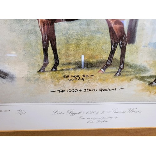 86 - Four signed limited edition Peter Deighan prints of Lestor Piggott winning rides in stripes. Mounted... 