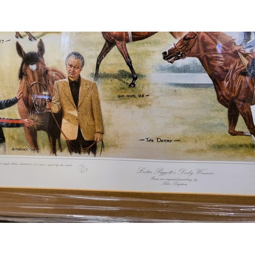 86 - Four signed limited edition Peter Deighan prints of Lestor Piggott winning rides in stripes. Mounted... 