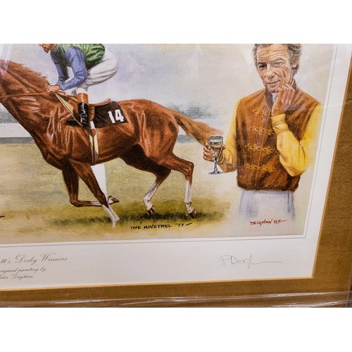 86 - Four signed limited edition Peter Deighan prints of Lestor Piggott winning rides in stripes. Mounted... 