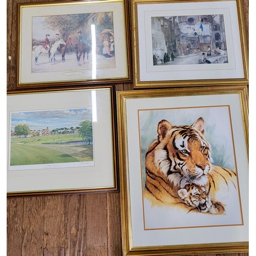 93 - Four prints: a tiger and cub, signed Clancy (76cm x 60cm), 'A Difficult Approach' 174/500 (49cm x 60... 