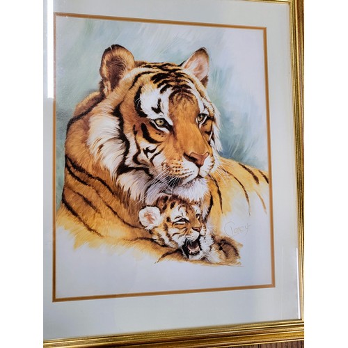 93 - Four prints: a tiger and cub, signed Clancy (76cm x 60cm), 'A Difficult Approach' 174/500 (49cm x 60... 