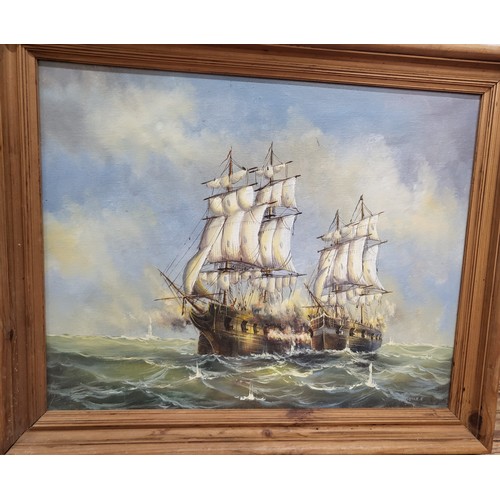 96 - Oil on canvas seascape with sailing ships at war signed  Jones, framed. 49cm x 59cm