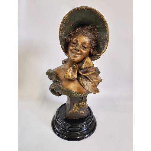 110 - Art Nouveau style bust in regula with gilded bronze patina, signed R Allard. Made in France 1900. 36... 