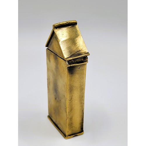 107 - A brass cased vesta case in the form of a century box with enamel plaque. 35g. 6cm x 2.5cm x 1cm.