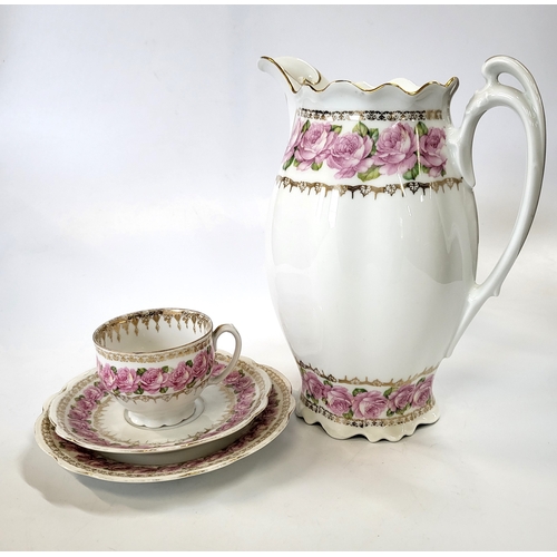 157 - Czechoslovakian Altrohlau rose pattern coffee set (pots lack lids) and  green and gilt  porcelain cu... 