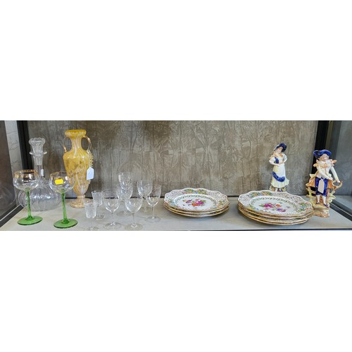 166 - A pale yellow glass vase with twin handles 28.5cm, decanter and ten wine and sherry glasses and Seve... 