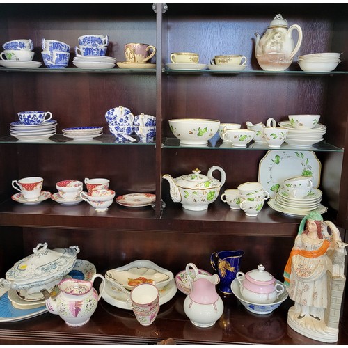 167 - A Dawson pink lustre teapot with four cups and five saucers, A Myott's Rose and Ribbon pattern lidde... 