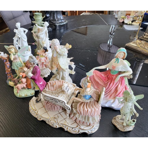 198 - Ceramic figurines including dresden, Capo di Monte and other makers 12cm to 20cm. (11)