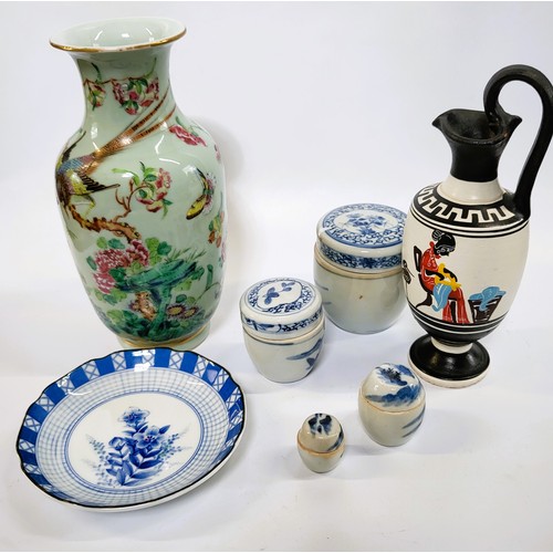 203 - A Chinese celkadon ground famille rose with birds and butterflies 22cm, four graduated blue and whit... 