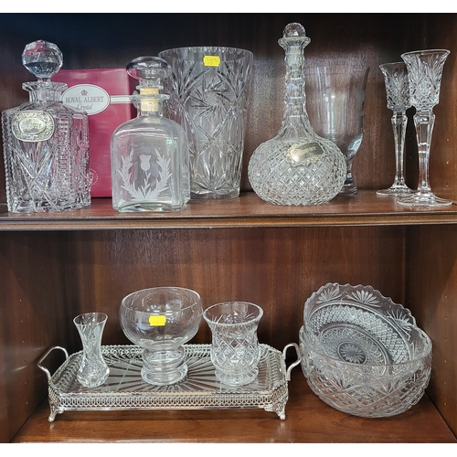 205 - A pair of Royal Albert Crystal candlesticks in original box, three decanters with stoppers, two bowl... 