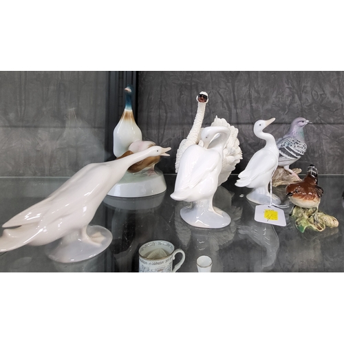 207 - Three Lladro geese, five other birds including Royal Copenhagen Sparrow and Beswick Wren, a ballerin... 