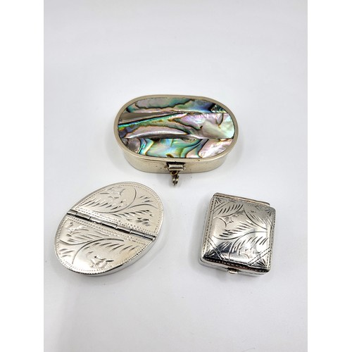 224 - Three pill boxes, oval Mexican silver Abalone shell lid, square silver with decorated lid, and a twi... 