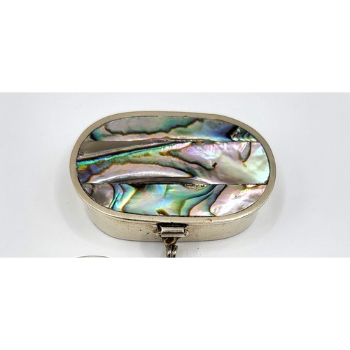 224 - Three pill boxes, oval Mexican silver Abalone shell lid, square silver with decorated lid, and a twi... 