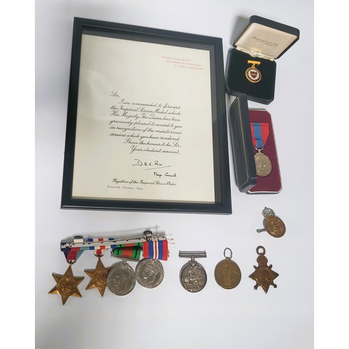 236 - Nine medals including 1914-1919 WWI Mr Clark, 1939-1945 WWII medals, Kenneth Thomas 'for faithful se... 