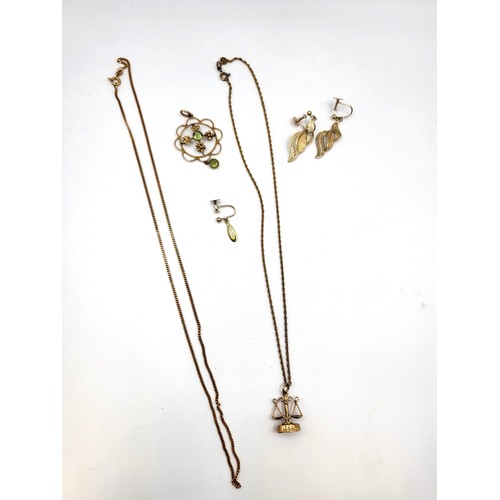 263 - 9ct earrings, chains, pendant and charm. 13.4g