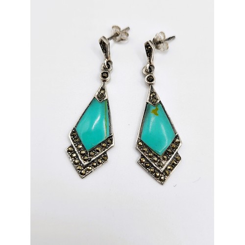 267 - A pair of silver marcasite and turquoise Art Deco drop earrings with butterfly backs.