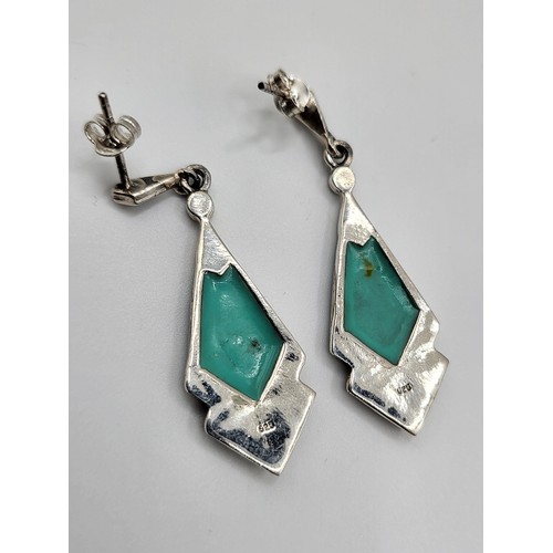 267 - A pair of silver marcasite and turquoise Art Deco drop earrings with butterfly backs.