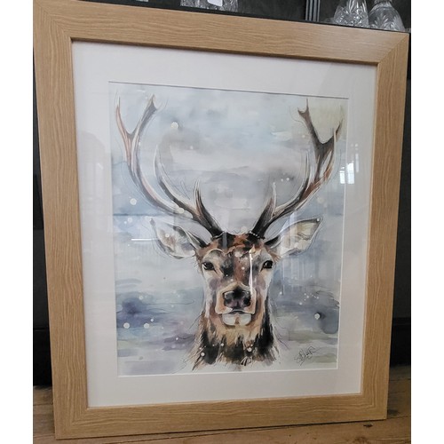 61 - A watercolour of a stag, signed by Susan Leigh, based in Wigan, commissioned by the vendor. 71cm x 6... 