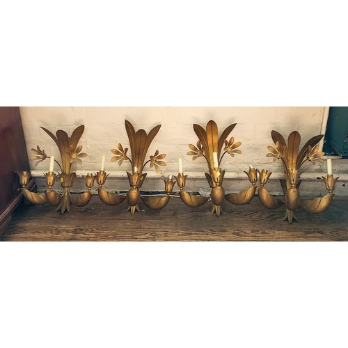 4 - Four brass wall sconces for candles (wiring has been removed), with floral and leaf design. 60cm x 4... 