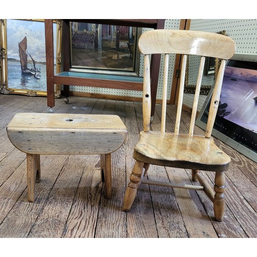 41 - A small oak chair 57cm and oak footstool 26cm x 36cm x 21cm