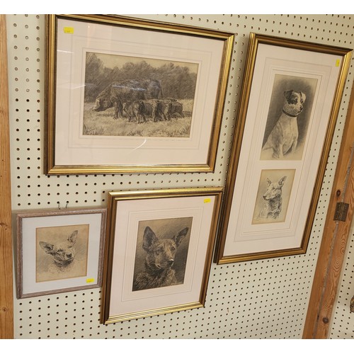 65 - Four works in pencil by Ascelin Hay nee Ascelin Collett-Mason including Pigs in a gilt frame 44cm x ... 