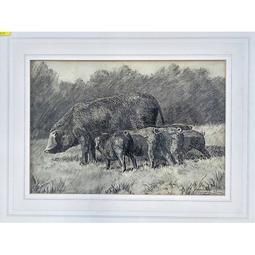 65 - Four works in pencil by Ascelin Hay nee Ascelin Collett-Mason including Pigs in a gilt frame 44cm x ... 