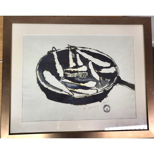 69 - An ink drawing of a saucepan of carrots, by Richard Conway-Jones. Mounted, framed and glazed. 45cm x... 