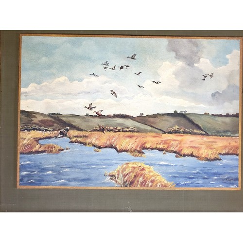 75 - Four pictures including oil on board of  mallards in flight, artist possibly Reignton, date possibly... 