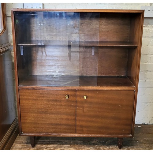 16 - Dark oak cabinet with glass sliding doors over two wooden doors- storage for records/ vinyl.