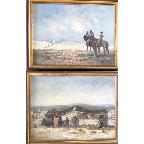 78 - Two Arabic desert landscapes by Sung h Jee both oil on canvas, framed. 1985. 44cm x 56cm