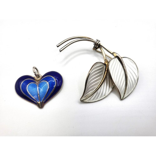 244 - A David-Andersen silver brooch in blue heart shaped enamel  6.3gms and silver and white leaf enamel ... 