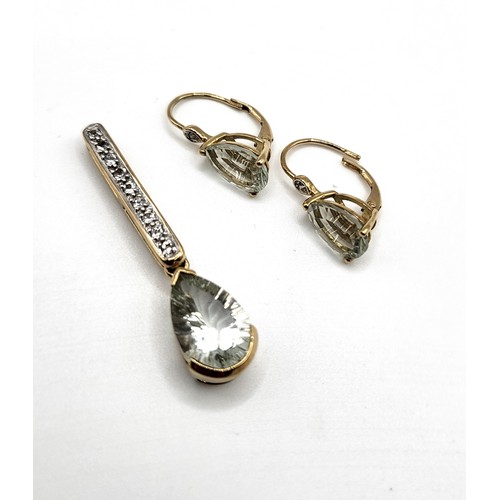 251 - 9ct yellow gold prasiolite pear-shape and diamond French hoop earrings and matching 9ct yellow gold ... 