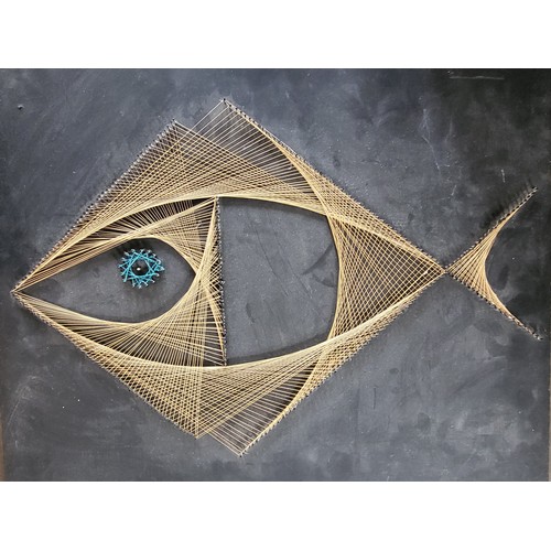 84 - A 1970's gold thread art of a fish with blue eye 41cm x  51cm, 'Water' by B Fitzwilliams 41cm x 51cm... 