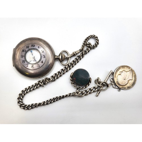 296 - A Hunter fob watch inscribed and Albert chain in silver with T bar London , Churchill coin 1836, and... 