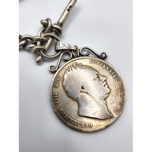 296 - A Hunter fob watch inscribed and Albert chain in silver with T bar London , Churchill coin 1836, and... 