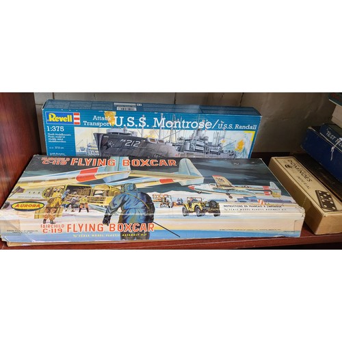 108 - Revell U.S.S. Montrose and Aurora Fairchild C-119 Flying Boxcar kits in boxes; Roman Architecture wo... 