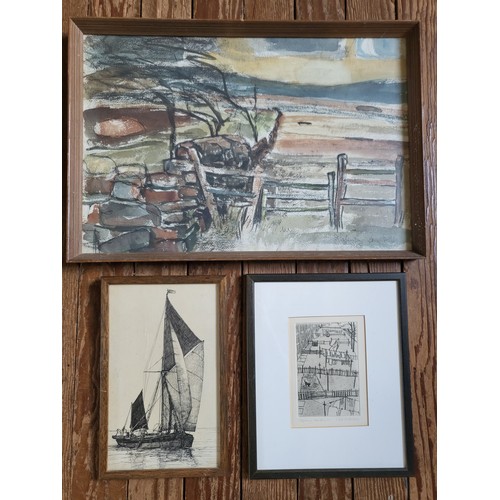 87 - Two sketches 'Spring Garden' by Cat Outram 32cm x 26cm and Dutch sailing barge by MD Connell, 1970, ... 