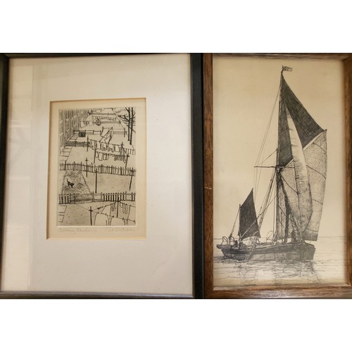 87 - Two sketches 'Spring Garden' by Cat Outram 32cm x 26cm and Dutch sailing barge by MD Connell, 1970, ... 